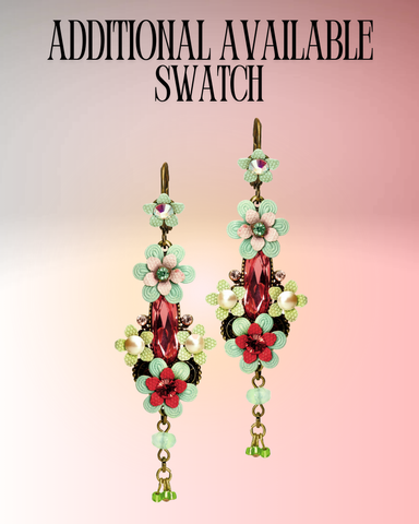 Elegant Pink Floral Drop Earrings w/ Swarovski Crystals for Women 6.5cm/2.56"