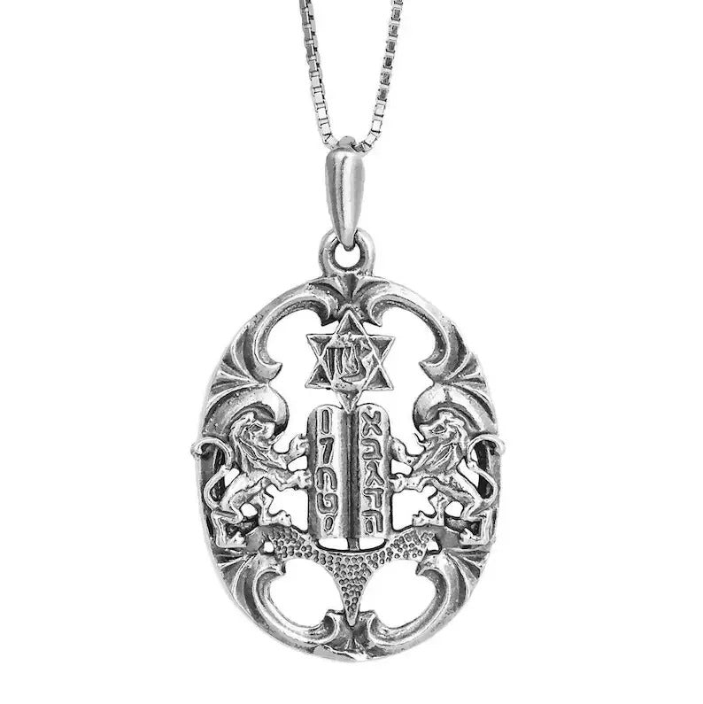 Handmade Sterling Silver Lion Of Judah 10 Ten Commandments Zion Star of David Necklace Pendant - Kabbalah Amulet Jewish Gift Jewelry Judaica - 1.6"/4cm