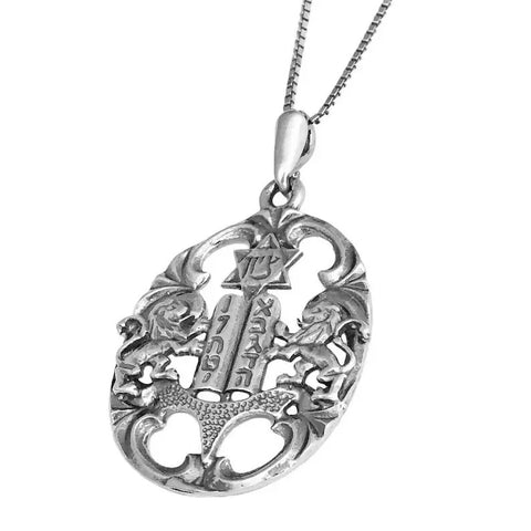 Handmade Sterling Silver Lion Of Judah 10 Ten Commandments Zion Star of David Necklace Pendant - Kabbalah Amulet Jewish Gift Jewelry Judaica - 1.6"/4cm