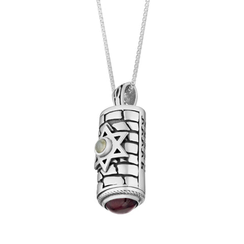 Mezuzah Star of David Garnet Cat Eye Stone Blessing of Angel Pendant