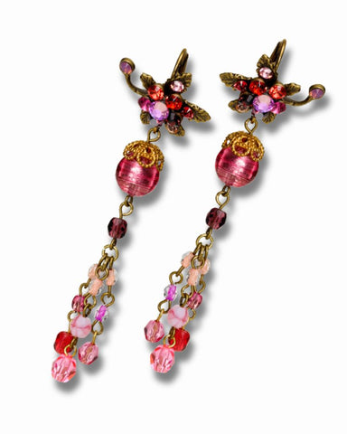 Brass Vintage Floral Drop Chandelier Earrings w/ Crystals 6.6cm/2.6"