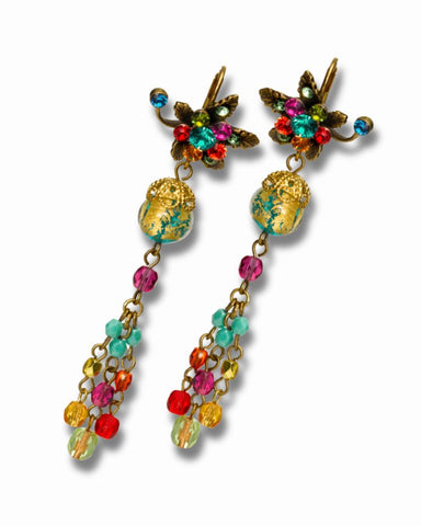 Brass Vintage Floral Drop Chandelier Earrings w/ Crystals 6.6cm/2.6"