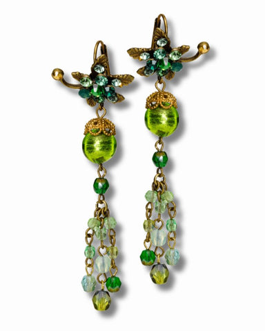 Brass Vintage Floral Drop Chandelier Earrings w/ Crystals 6.6cm/2.6"