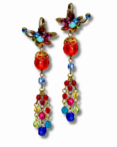 Brass Vintage Floral Drop Chandelier Earrings w/ Crystals 6.6cm/2.6"