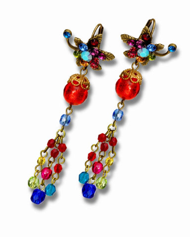 Brass Vintage Floral Drop Chandelier Earrings w/ Crystals 6.6cm/2.6"
