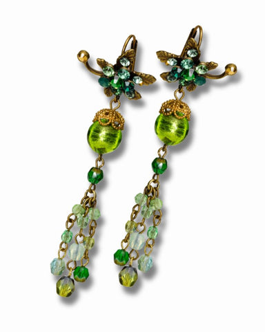 Brass Vintage Floral Drop Chandelier Earrings w/ Crystals 6.6cm/2.6"
