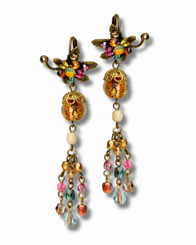 Brass Vintage Floral Drop Chandelier Earrings w/ Crystals 6.6cm/2.6"