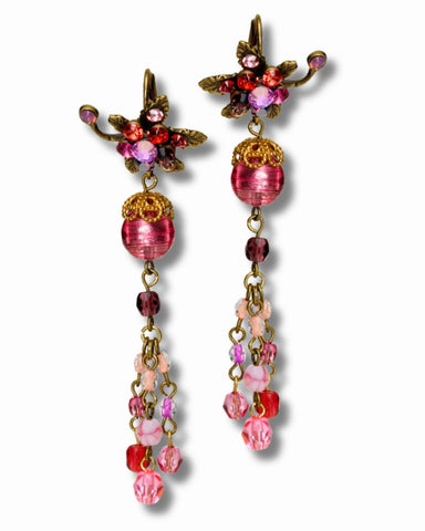 Brass Vintage Floral Drop Chandelier Earrings w/ Crystals 6.6cm/2.6"