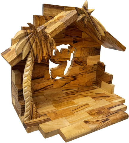 Hand-Carved Olive Wood Nativity Stable from Bethlehem w/ Angel Cutout