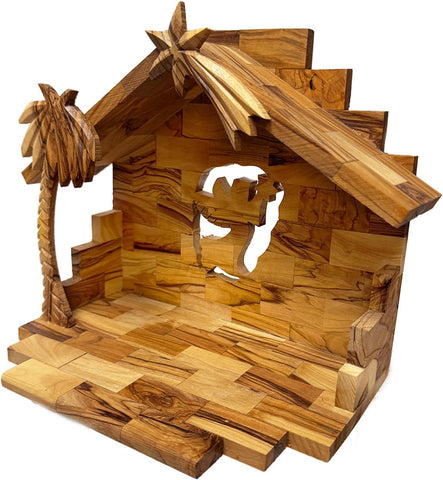 Hand-Carved Olive Wood Nativity Stable from Bethlehem w/ Angel Cutout