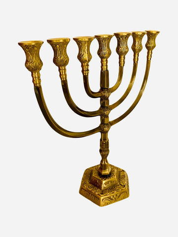 Gold Brass Seven Branch Menorah – Jerusalem Temple Replica 30cm