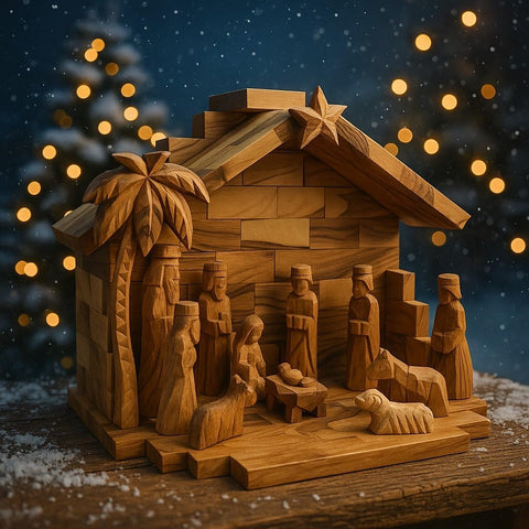 Large Olive Wood Christmas Nativity Set, Handmade Christian Home Decor Made in Bethlehem