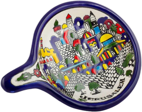 Hand-painted Armenian Ceramic Serving Dish w/ Panoramic Views of Jerusalem - 7x5x1"