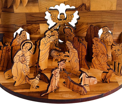 Bethlehem Olive Wood Nativity Scene Music Box w. Star Handle, Holy Family – Handmade Olive Wood Christmas Manger Set