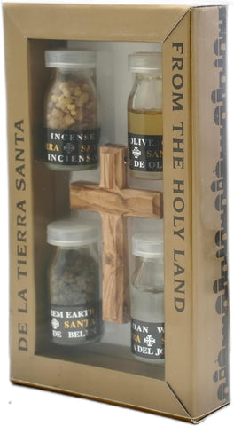 Handmade Small Christian Gift Set w/ Cross, Olive Oil, Holy Water, Incense & Bethlehem Soil 6"/15.5cm