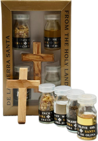 Handmade Small Christian Gift Set w/ Cross, Olive Oil, Holy Water, Incense & Bethlehem Soil 6"/15.5cm