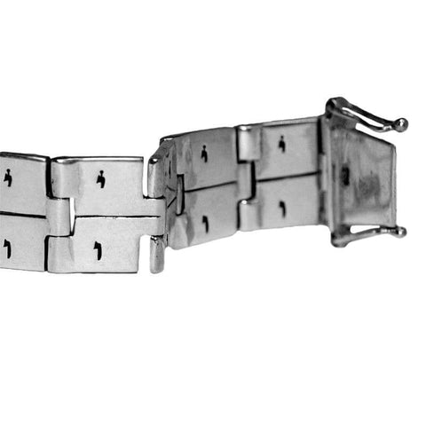 Side view of 72 names of God silver bracelet with engraved script
