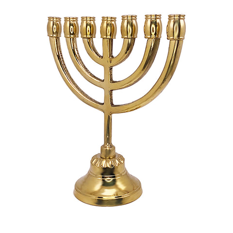 Glossy Gold Brass Vintage Menorah 15cm – Temple Replica from the Holy Land