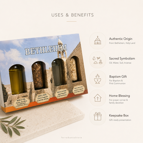 Authentic Bethlehem Holy Land Blessing Set with Oil, Soil, Water, and Incense