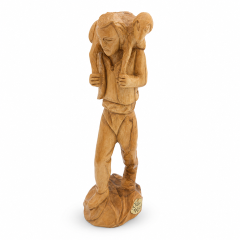 Bethlehem Olive Wood Shepherd with Lamb Figurine for Christian Home Decor