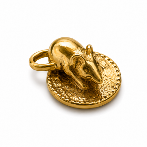 Mouse on Shekel Coin Amulet 925 Sterling Silver 18K Gold Plated Wallet Charm