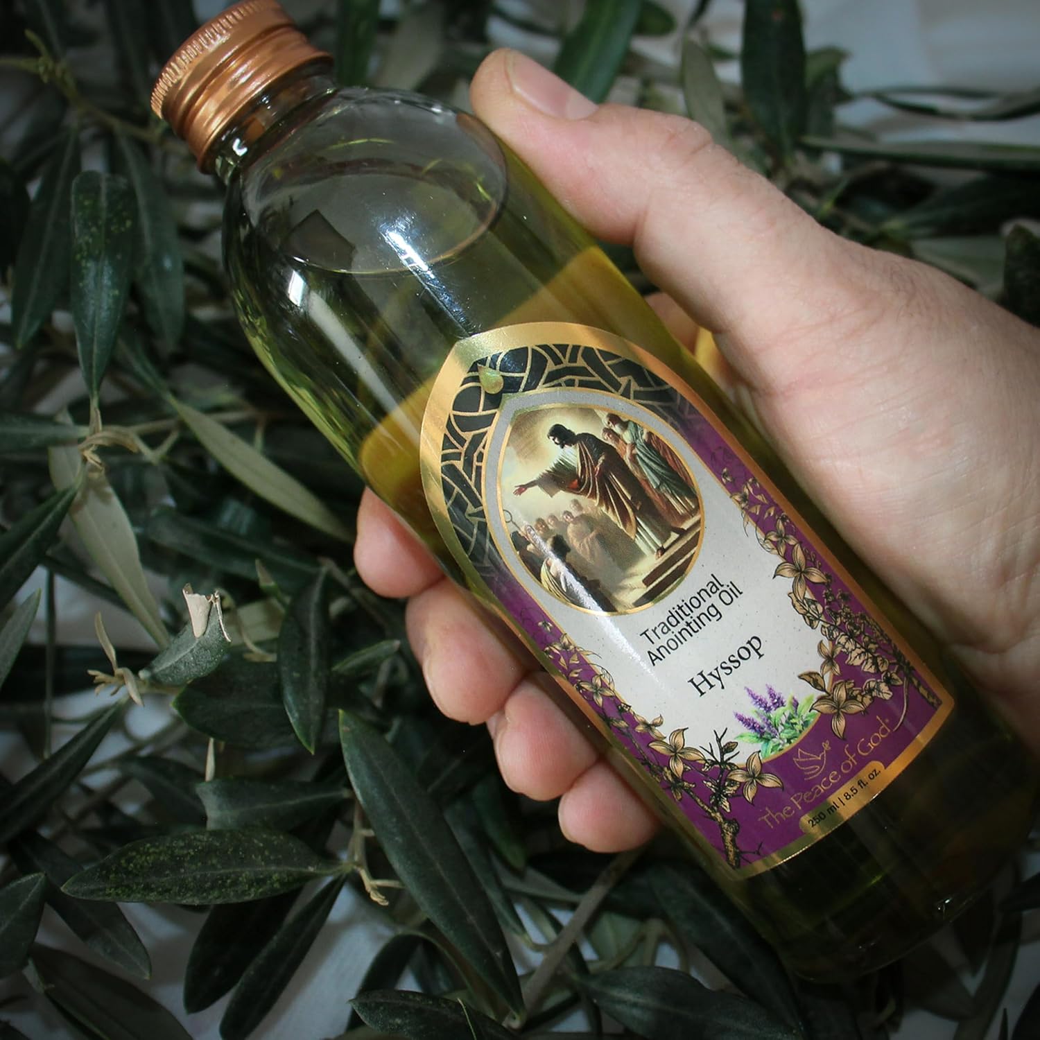 Prayer setting with Bible, candles, and Hyssop Anointing Oil – Holy Land atmosphere