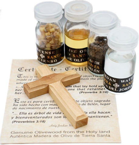 Handmade Small Christian Gift Set w/ Cross, Olive Oil, Holy Water, Incense & Bethlehem Soil 6"/15.5cm