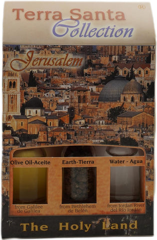 Christian Jerusalem Themed Gift Set w/ 3 Bottles - Olive Oil, Holy Water & Holy Soil 10ml/ 0.3 oz