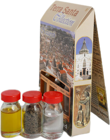 Nazareth Themed Christian Gift Set w/ 3 Bottles - Olive Oil, Holy Water & Holy Soil 10ml/ 0.3 oz