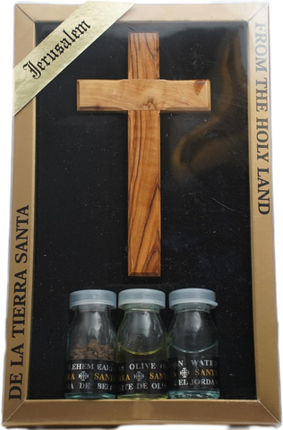 Christian Blessing Kit Set w/ Traditional Cross, Olive Oil, Holy Water & Bethlehem Soil 8"/20cm