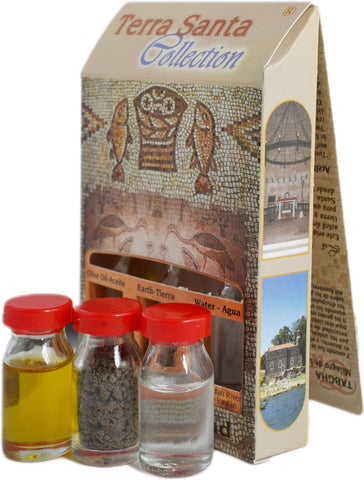 Tabgha Themed Christian Gift Set w/ 3 Bottles - Olive Oil, Holy Water & Holy Soil 10ml/ 0.3 oz