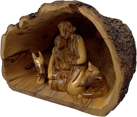 Holy Family in Bark Grotto 6" Olive Wood Nativity Set from Bethlehem