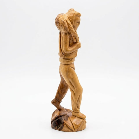 Bethlehem Olive Wood Shepherd with Lamb Figurine for Christian Home Decor