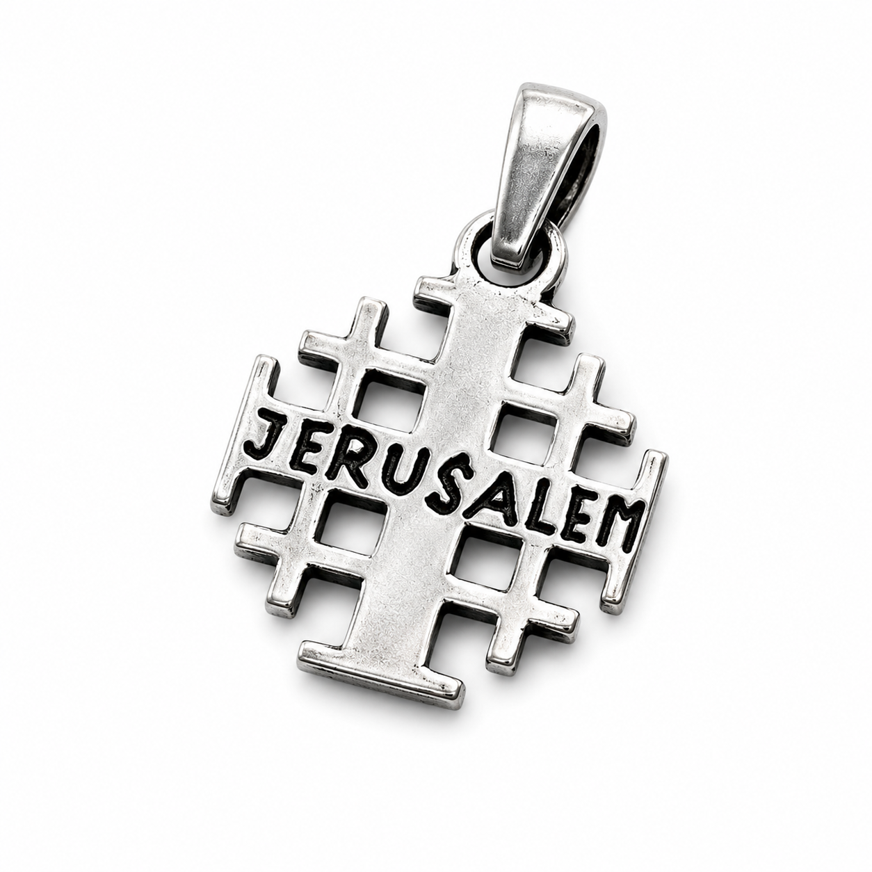 Reverse side of the 925 sterling silver Jerusalem Cross pendant, featuring the word Jerusalem engraved horizontally across the center.