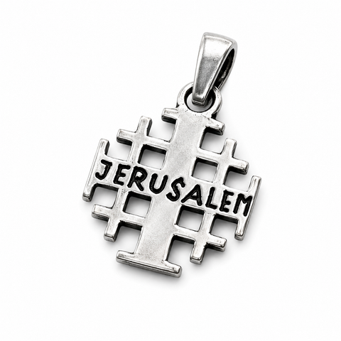 Reverse side of the 925 sterling silver Jerusalem Cross pendant, featuring the word Jerusalem engraved horizontally across the center.