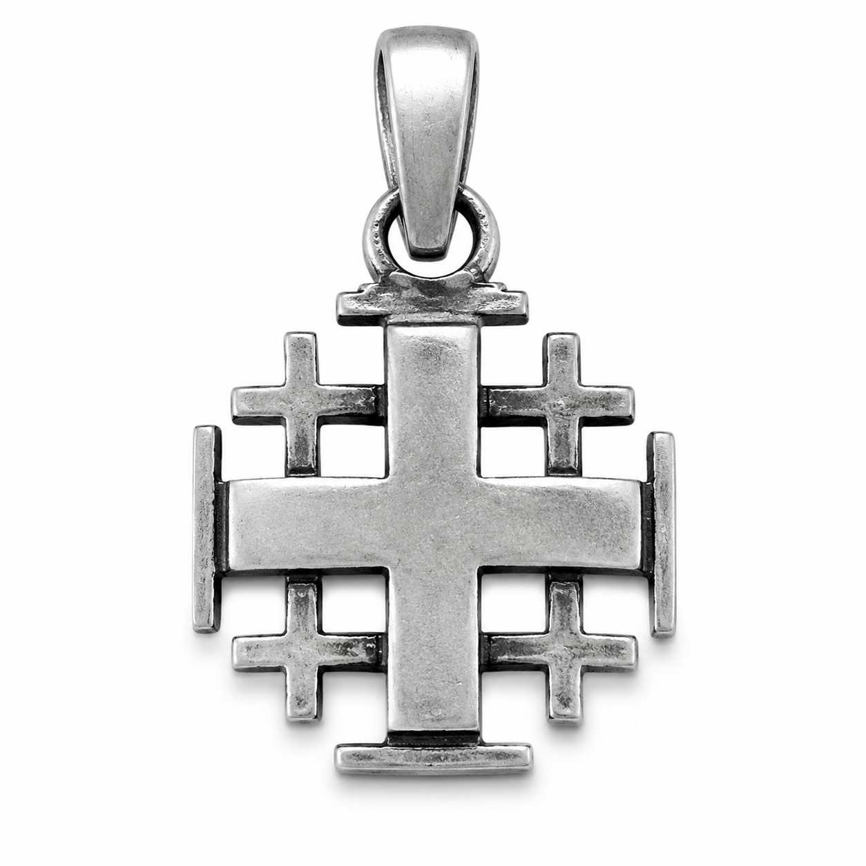 925 sterling silver Jerusalem Cross pendant with classic Holy Land Christian design on white background