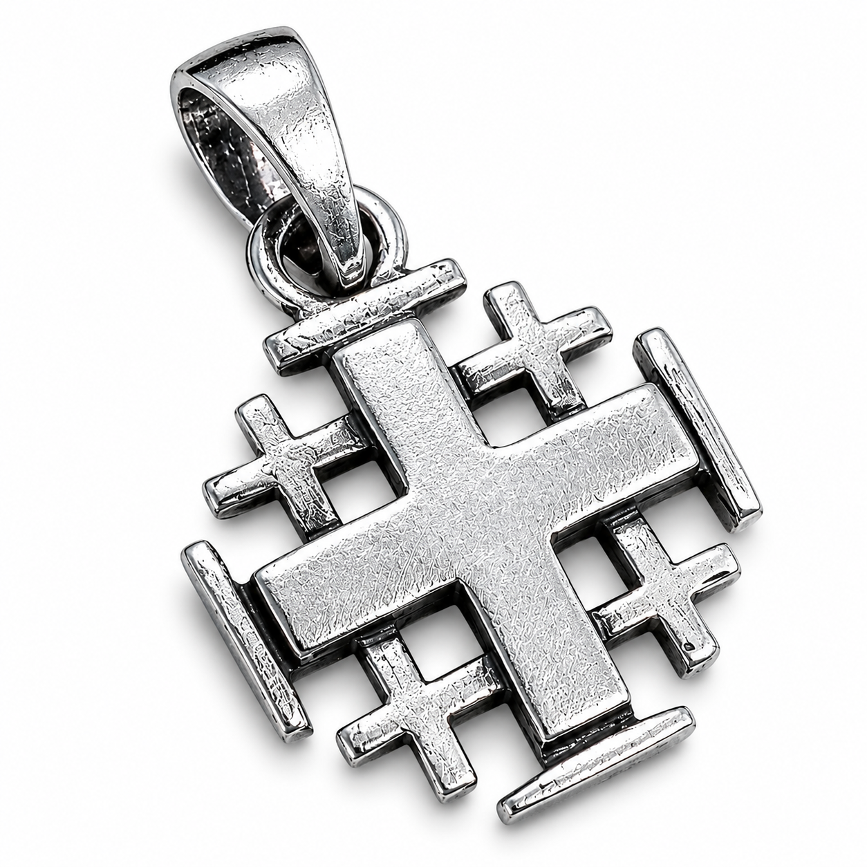Authentic 925 sterling silver Jerusalem Cross pendant from the Holy Land, featuring the traditional five-fold design.