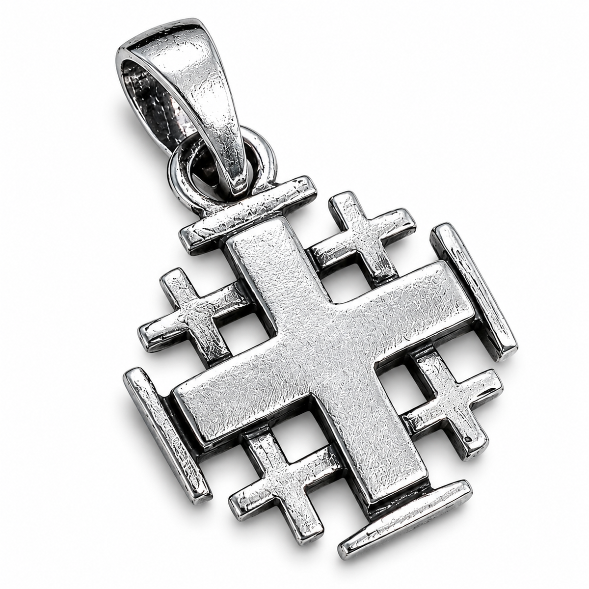 Authentic 925 sterling silver Jerusalem Cross pendant from the Holy Land, featuring the traditional five-fold design.