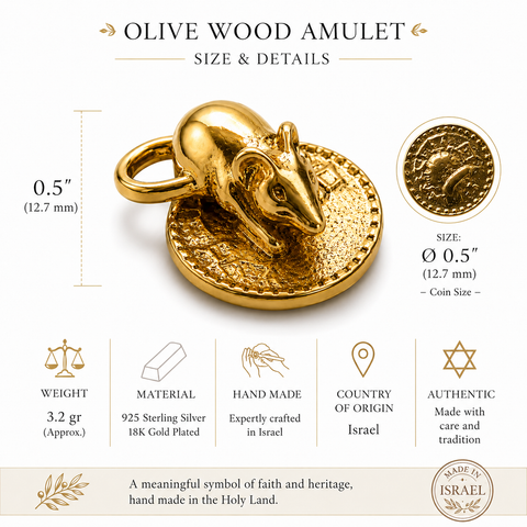 Detailed view of a miniature polished gold mouse charm attached to a textured shekel replica coin token.