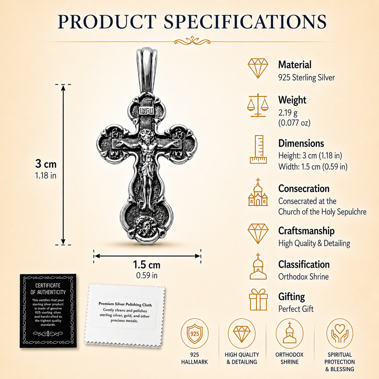 Product specification infographic for a 925 sterling silver Orthodox crucifix pendant with INRI detail, 3 cm height, 1.5 cm width, 2.19 g weight, certificate, polishing cloth, and gold feature icons.