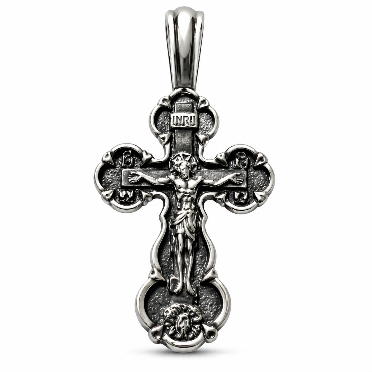 Oxidized 925 sterling silver Orthodox crucifix pendant with Jesus figure, INRI plaque, rounded cross ends, polished bail, and dark textured recesses on a white background.