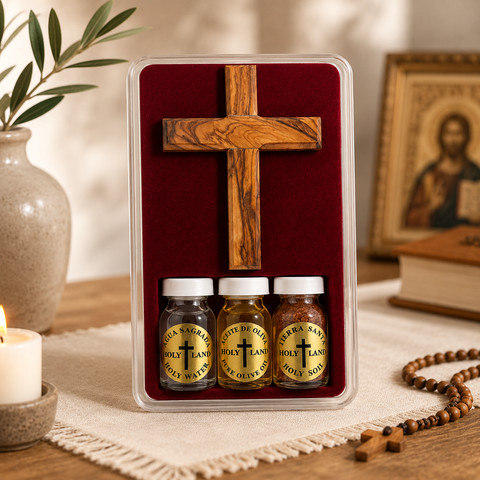 Holy Land Blessing Gift Set with Olive Wood Cross, Holy Water, Olive Oil & Soil
