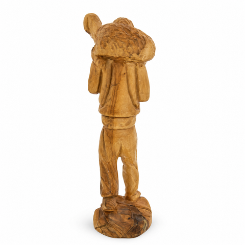 Bethlehem Olive Wood Shepherd with Lamb Figurine for Christian Home Decor