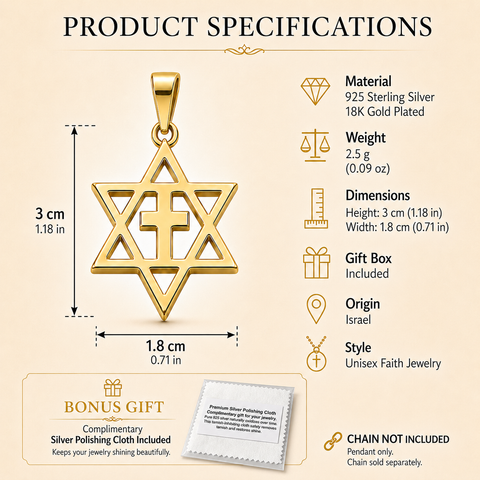 Vermeil Messianic Star of David Cross Pendant 925 Silver 18k Gold
