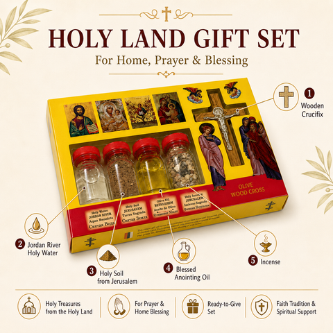 Holy Land Devotional Set with Crucifix, Blessed Oil, Jordan River Water & Soil