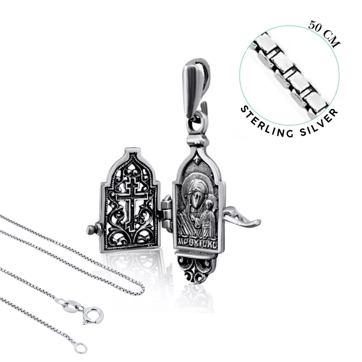 Sterling Silver Orthodox Icon Pendant Necklace of Jesus Christ and Virgin Mary