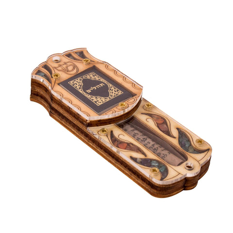 Front view of handcrafted wooden car mezuzah with stones and Tehilim scroll
