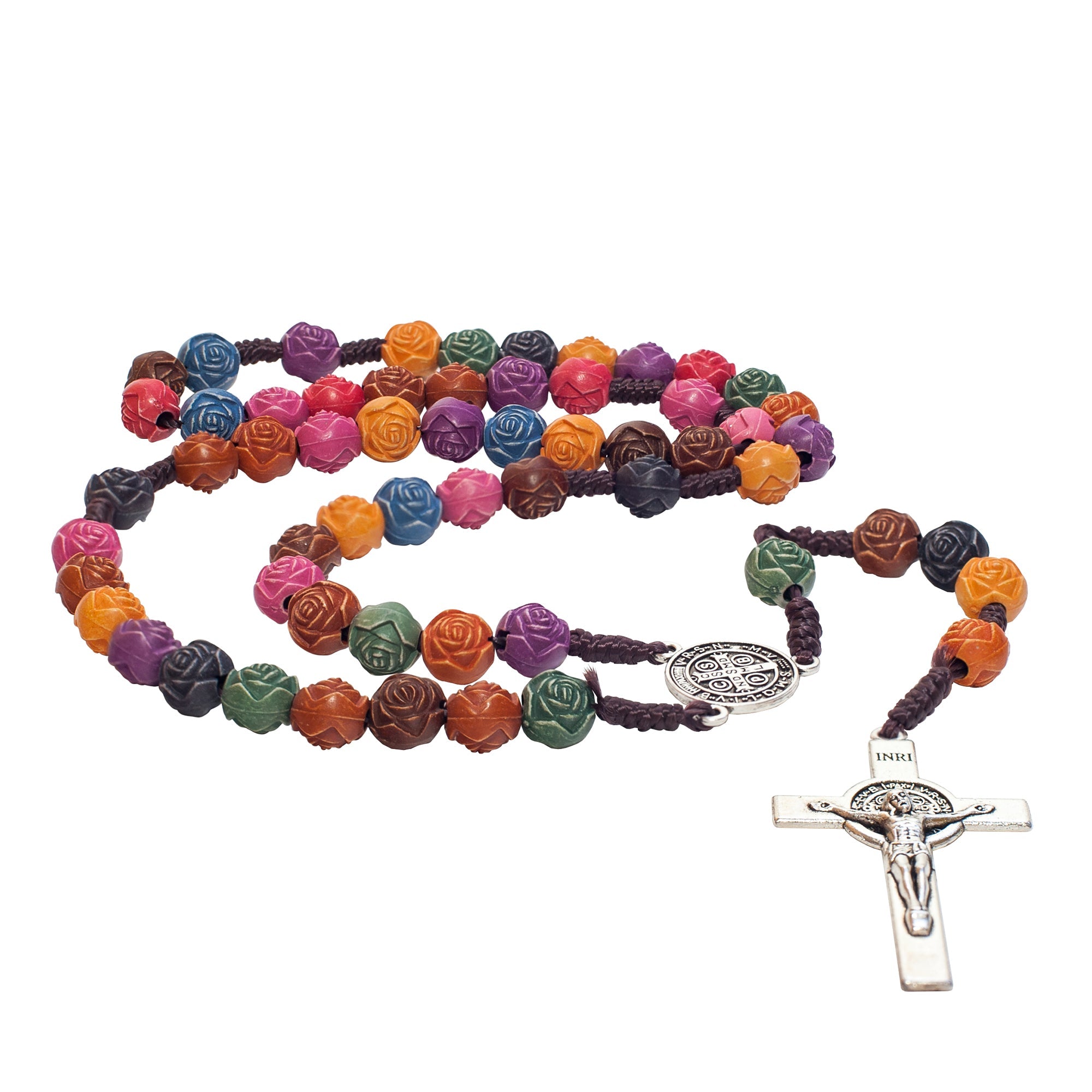 Multicolored Rosary Prayer Beads Christian Order of St. Benedict Crucifix Necklace 19"