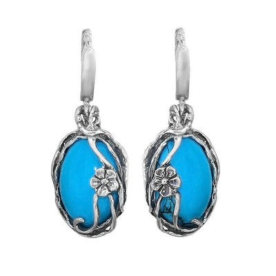 Earrings w/Genuine Blue Turquoise Gemstone Handmade Sterling Silver 925 Israel Jewelry