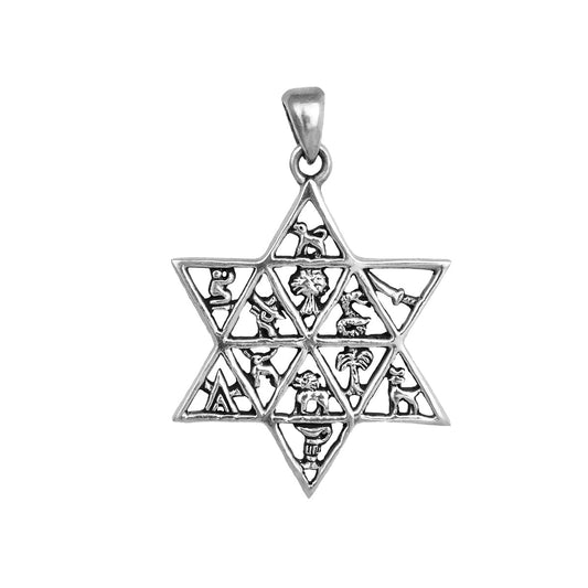 Pendant Star of David 12 tribes of Israel Sterling Silver Necklace HandMade 1.3"